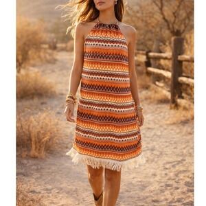 Womens Chevron Knit Halter Dress Orange Brown Fringe Tassel Hem  Boho xl